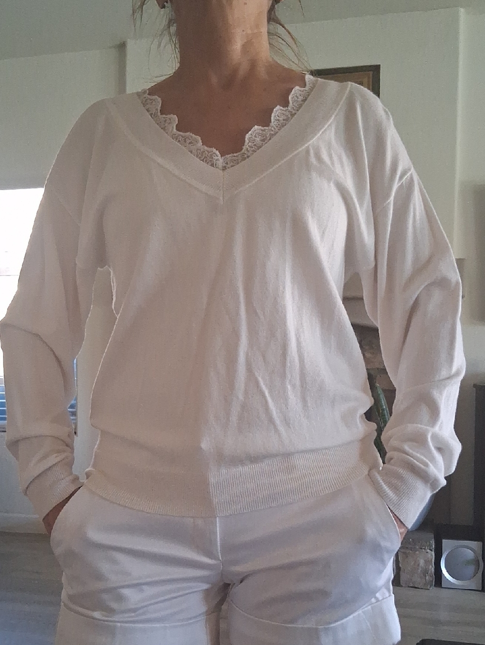 White House Black Market Cream Knit Top with Black Label